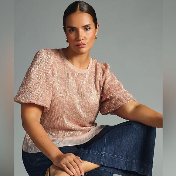 Anthropologie Sarah Hann Sequined Puff Sleeve Top NWT - Picture 2 of 16